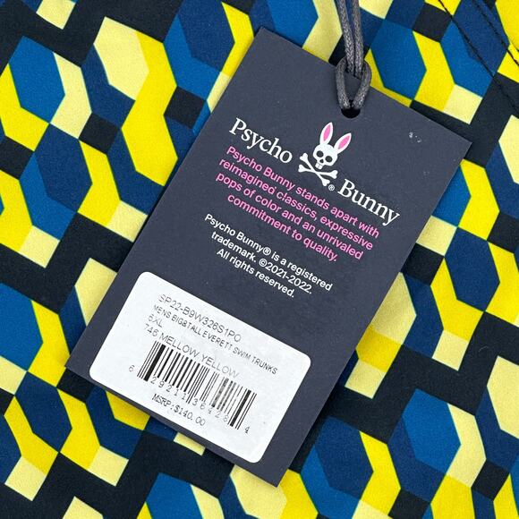 Psycho Bunny Everett Geometric Print Swim Trunks Big Tall Sz 6XL Blue Yellow 8" - Picture 5 of 6